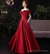 Burgundy satin long prom dress evening dress